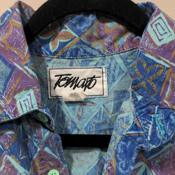Vintage Tomato Mens SS Button Up Graphic Shirt Size L Blue Abstract Artsy 80s 90 - Picture 3 of 10